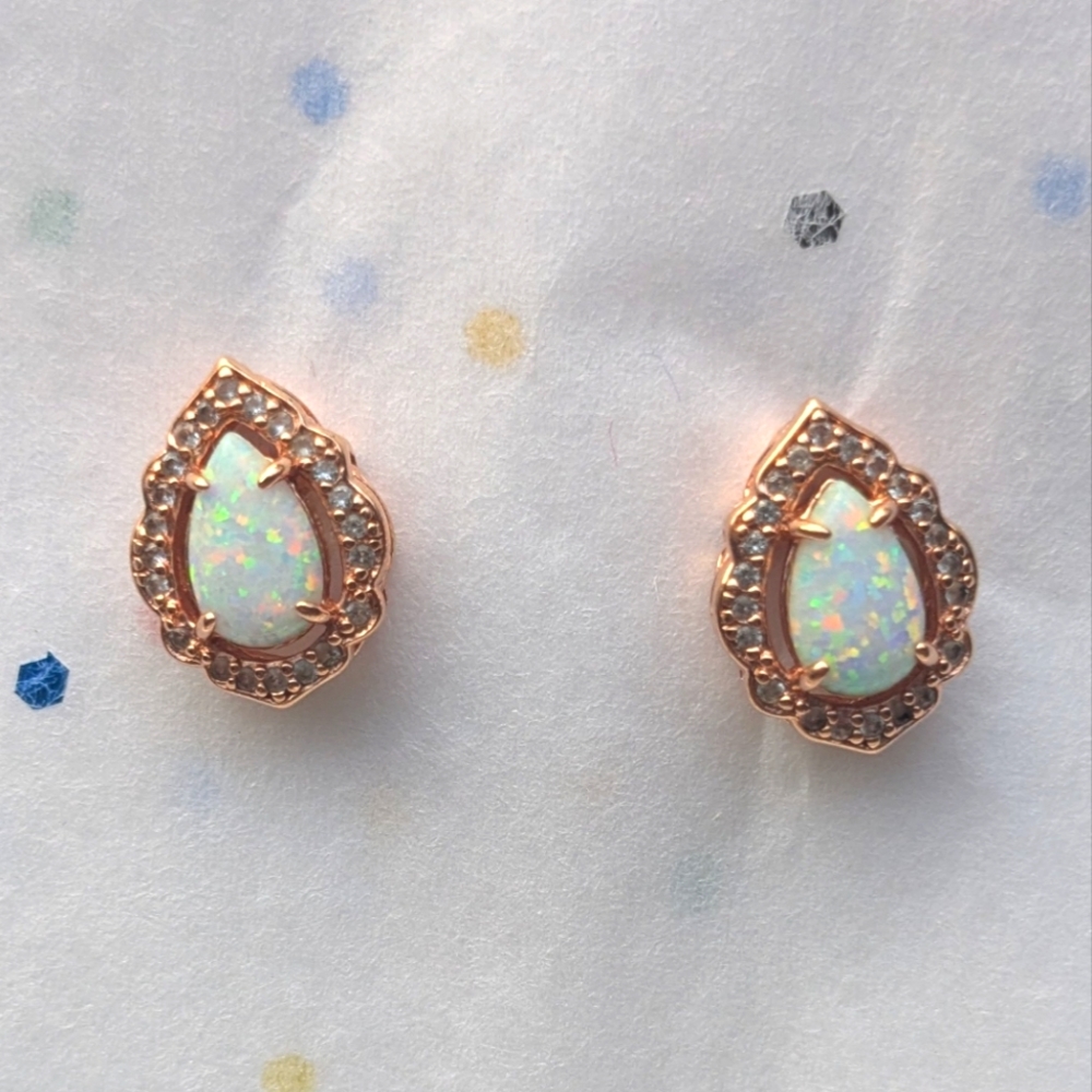Pear Shaped Lab Created Opal And White Sapphire Earrings